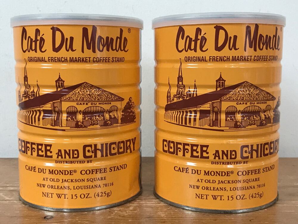 Set Pair 2 EMPTY Cafe Du Monde New Orleans Coffee Chicory Cans Tins w Tops Lids